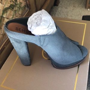 Fuzzy heels in beautiful blue green color